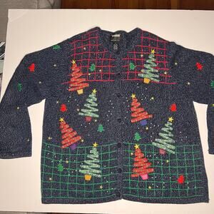 VTG
 Studio Originals Christmas Sweater Cardigan 2X Embroidered Trees Christmas
